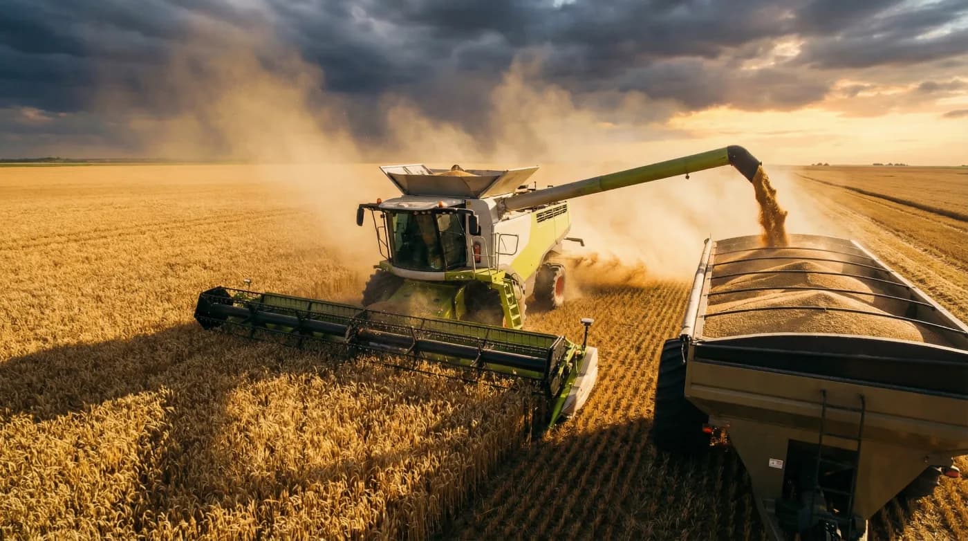 Combine harvester transferring grain at harvest