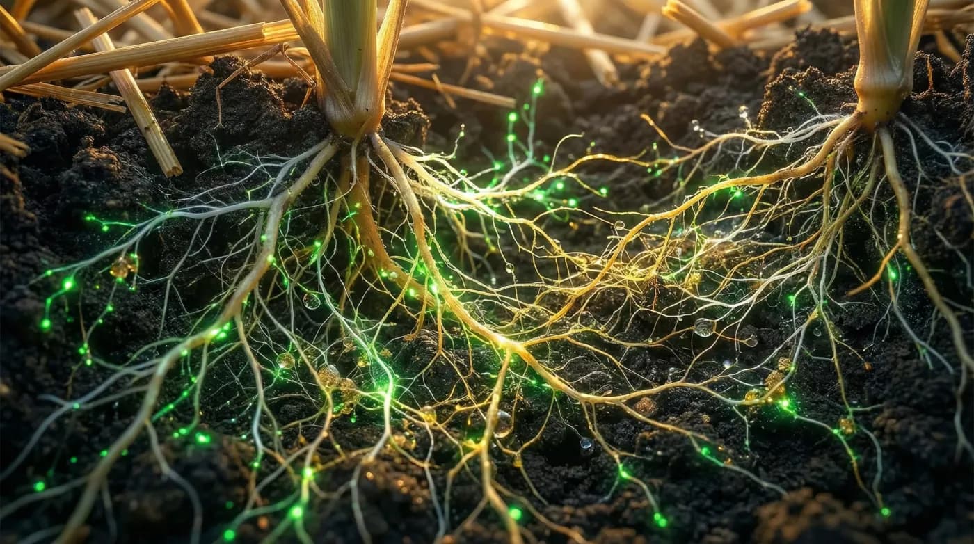 Dense mycorrhizal root network showing active soil biology